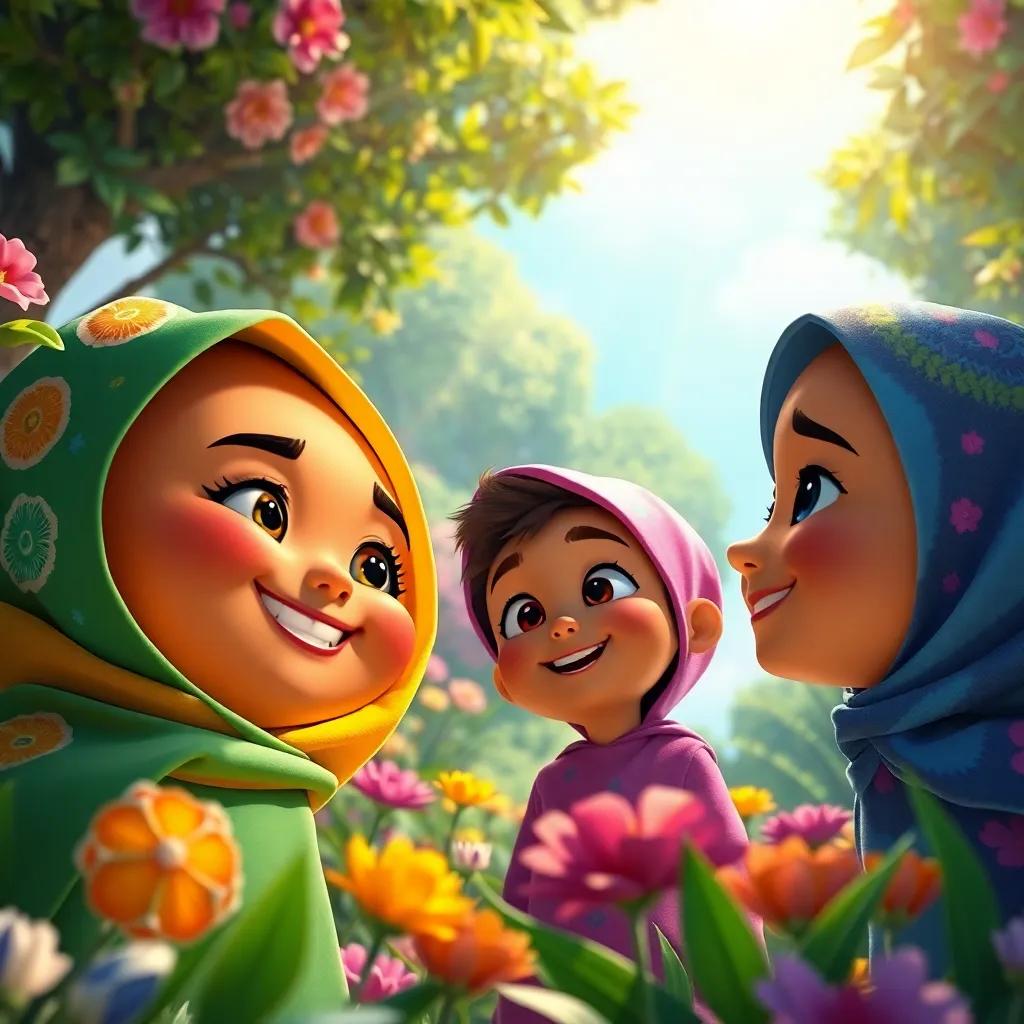 A close-up of Hikmat, Tarek, and Lila, smiling at each other in their magical garden, the sun shining down, highlighting their friendship and adventure, joyful expression, vibrant color scheme