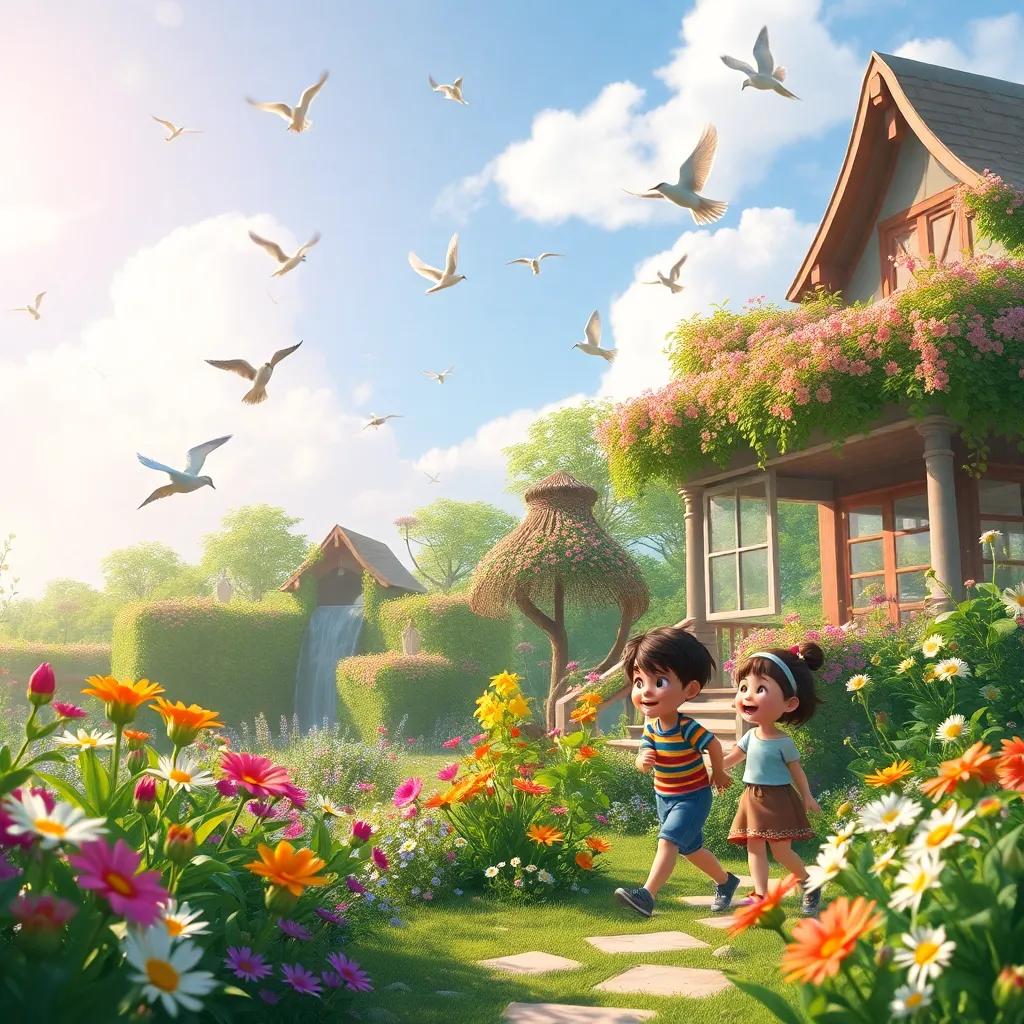 A serene view of the magical garden growing with flowers, birds chirping in the sky, overjoyed children playing around, captivating charm of nature, colorful and lively scene