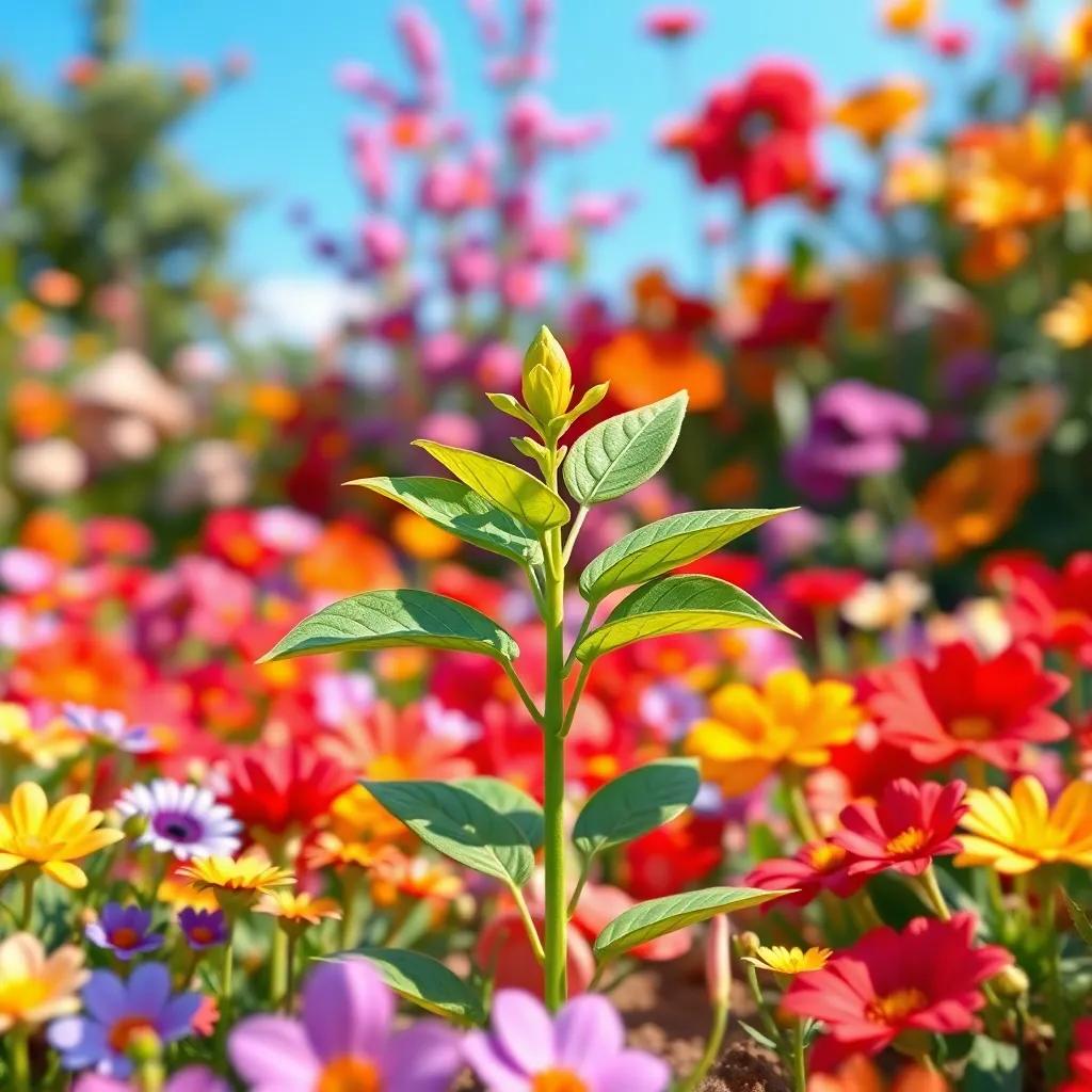 A little green plant called Ashwagandha with broad leaves, standing proudly in a vibrant garden filled with colorful flowers, under a bright blue sky, digital art, cheerful and inviting atmosphere, bright colors, close-up