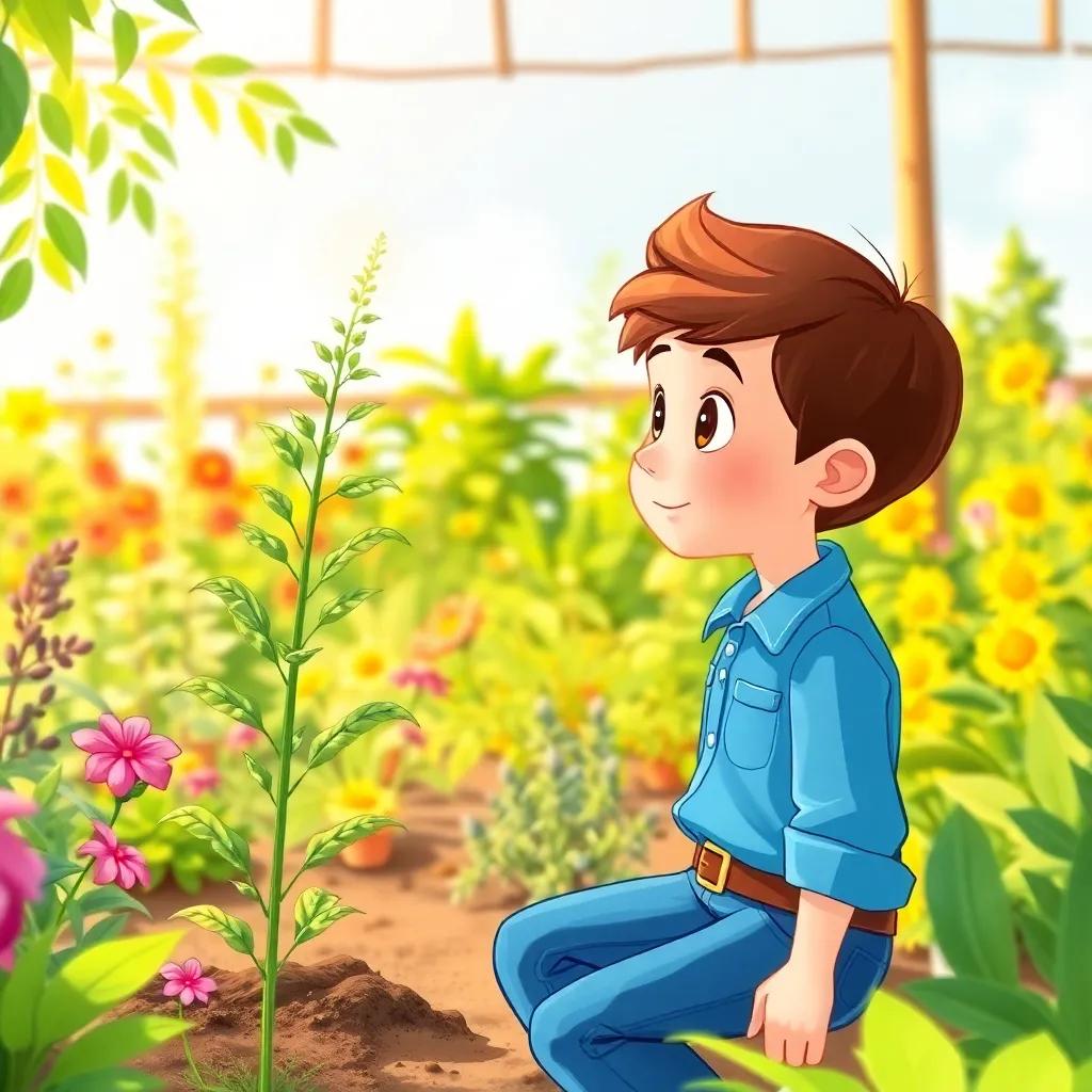 A curious young boy named Max, with short brown hair, wearing a blue shirt and jeans, talking to the Ashwagandha plant in a sunny garden filled with various plants, illustration, bright and cheerful, child-friendly, warm sunny light