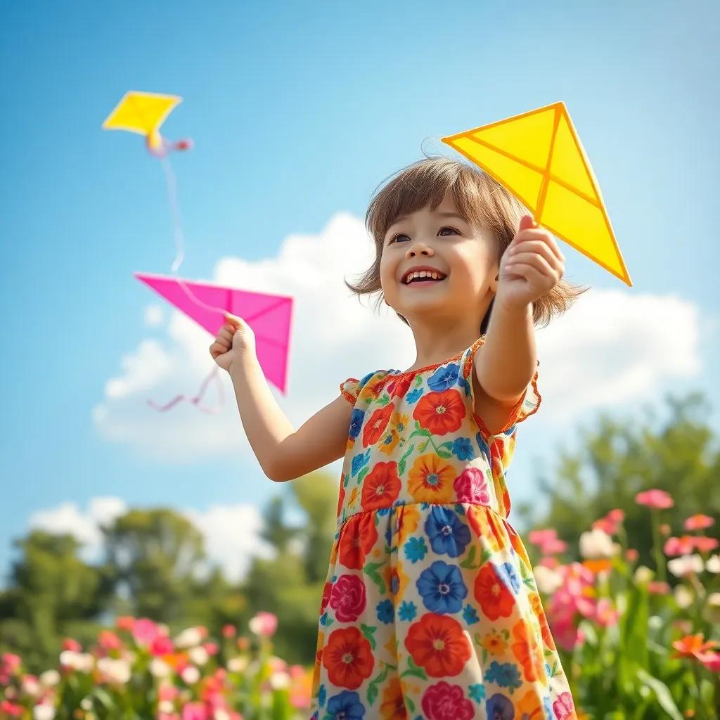 A young girl, Lily, with short brown hair, wearing a colorful dress, flying a bright kite in a sunny park, flowers all around, joyful laughter in the air, digital art, vibrant colors, sunny atmosphere, high quality