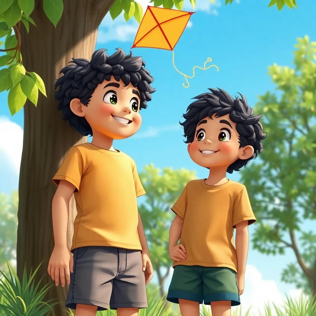 A young boy, Max, with curly black hair, wearing a t-shirt and shorts, standing next to Lily, looking up at the stuck kite in the tree, surrounded by greenery and blue sky, illustration, cheerful, teamwork spirit, child-friendly