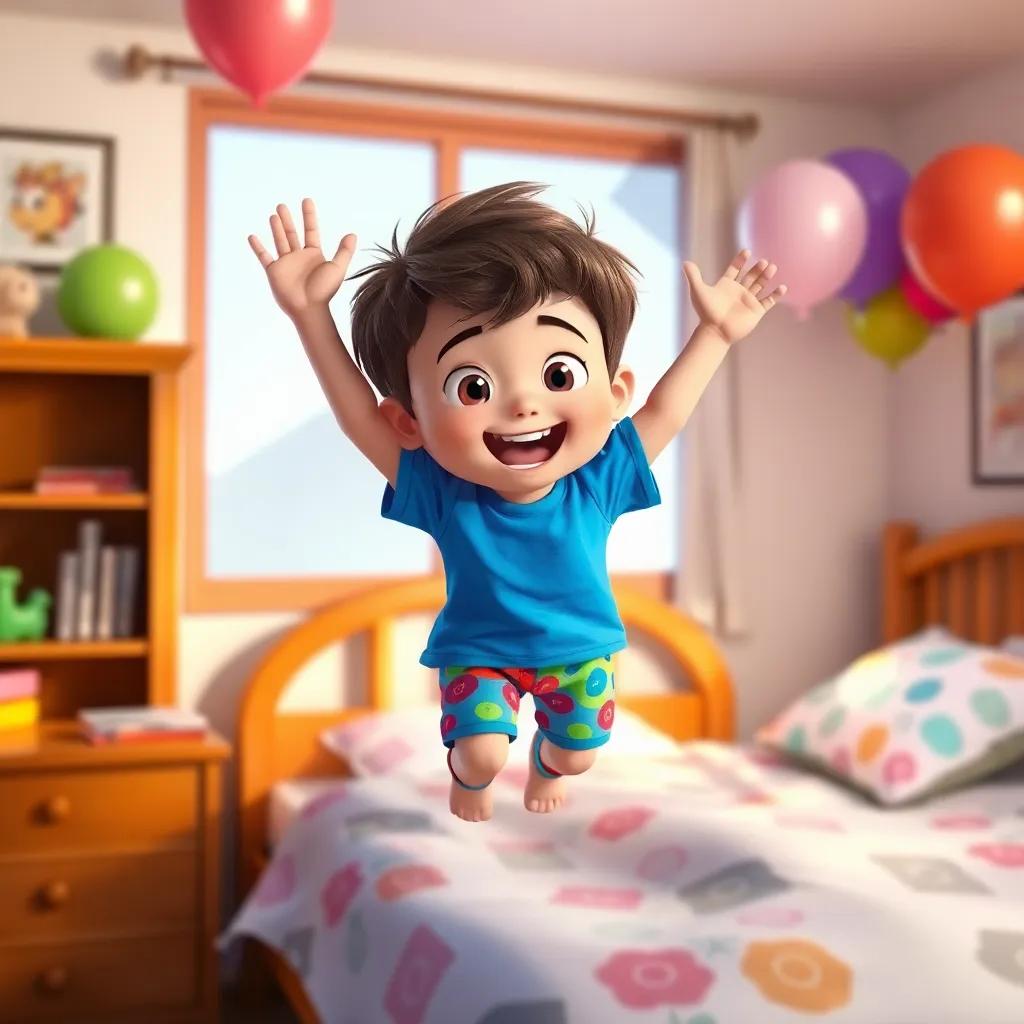 A young boy, Max, with short brown hair, wearing a bright blue t-shirt and colorful shorts, jumping out of bed in excitement with balloons in his room, cheerful and vibrant colors, cozy atmosphere, high quality