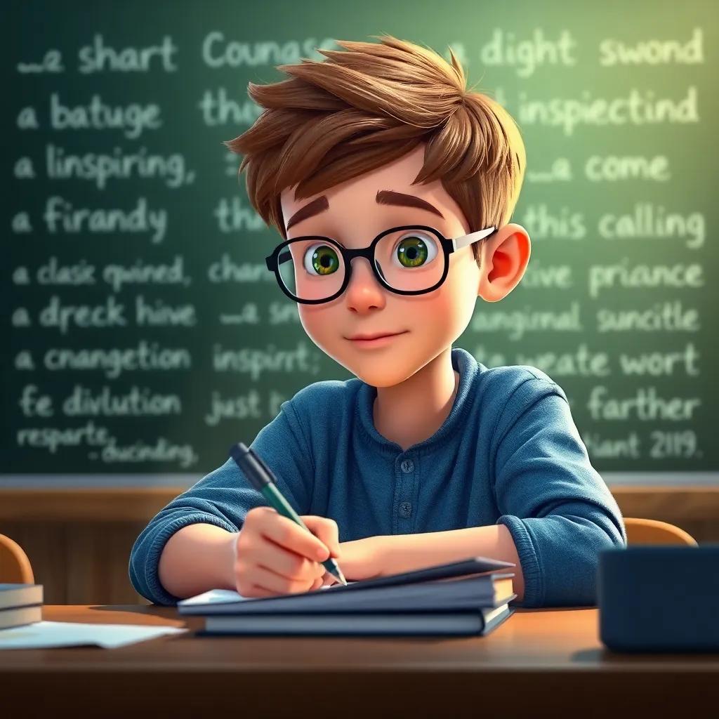 Max, a 10-year-old Caucasian boy with short brown hair, wearing glasses and a blue shirt, sitting at a desk with a focused expression as he writes notes, the glowing blackboard behind him filled with inspiring words, bright light, engaging scene, uplifting energy, high quality