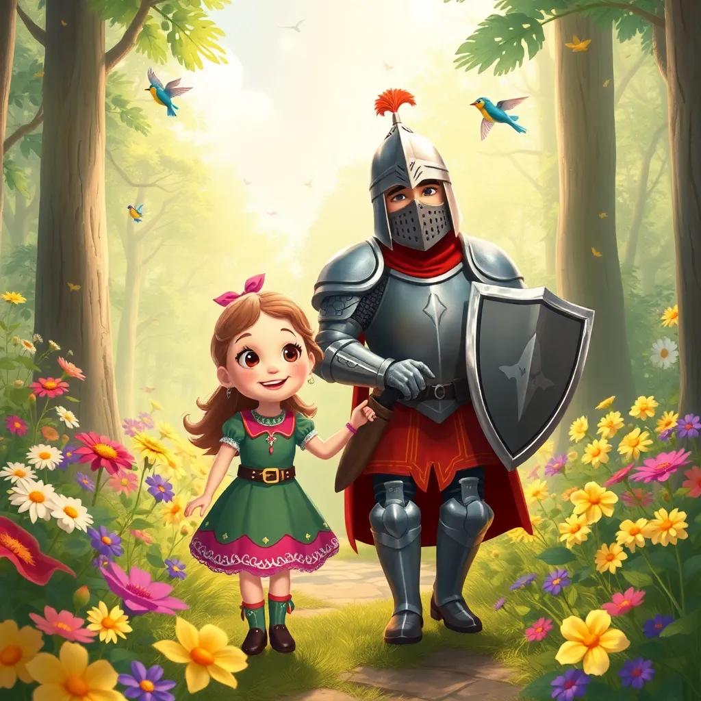 Lucy with Sir Cedric, the knight, on a quest through vibrant forests filled with bright flowers and singing birds, a sense of adventure and excitement, fantasy illustration, child-friendly