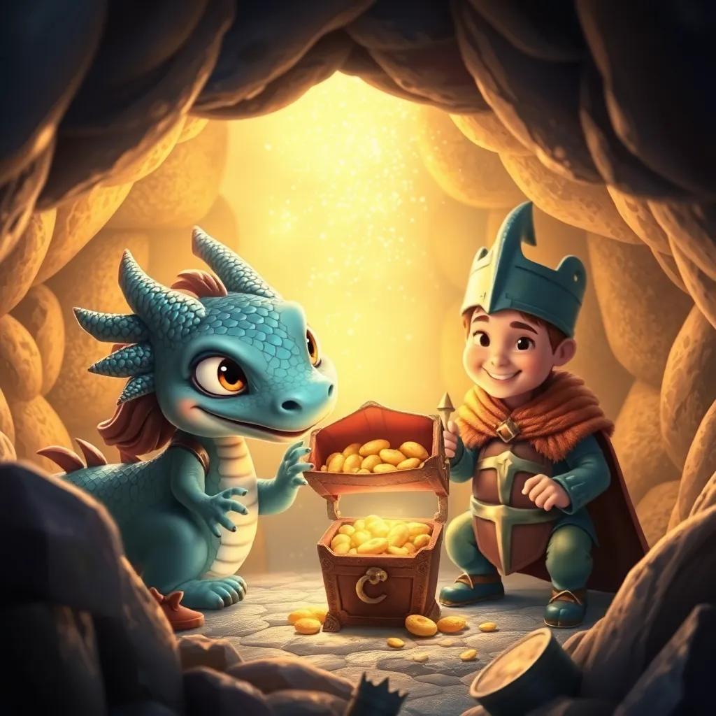 A friendly dragon with shiny scales and gentle eyes revealing its treasure in a sparkling cave, Lucy and Sir Cedric smiling at the treasure, magical setting, warm light, enchanting