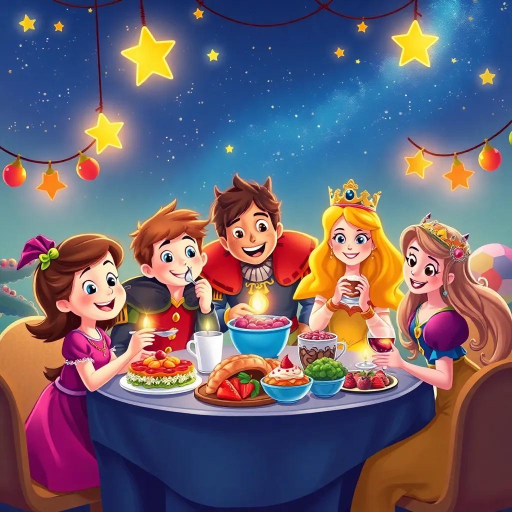 A joyful feast in dreamland under the stars, Lucy, Sir Cedric, and Princess Elara sharing delicious food with the friendly dragon and storybook characters, colorful decorations, festive atmosphere, illustration