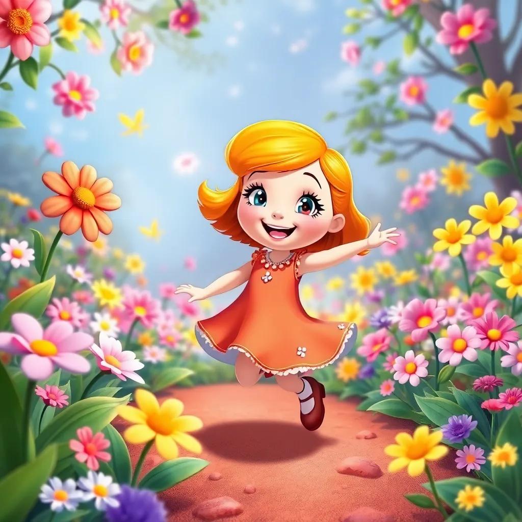 Lucy in a beautiful garden with magical flowers, dancing and twirling while the flowers play different tunes, bright and vibrant colors, joyful scene, whimsical art