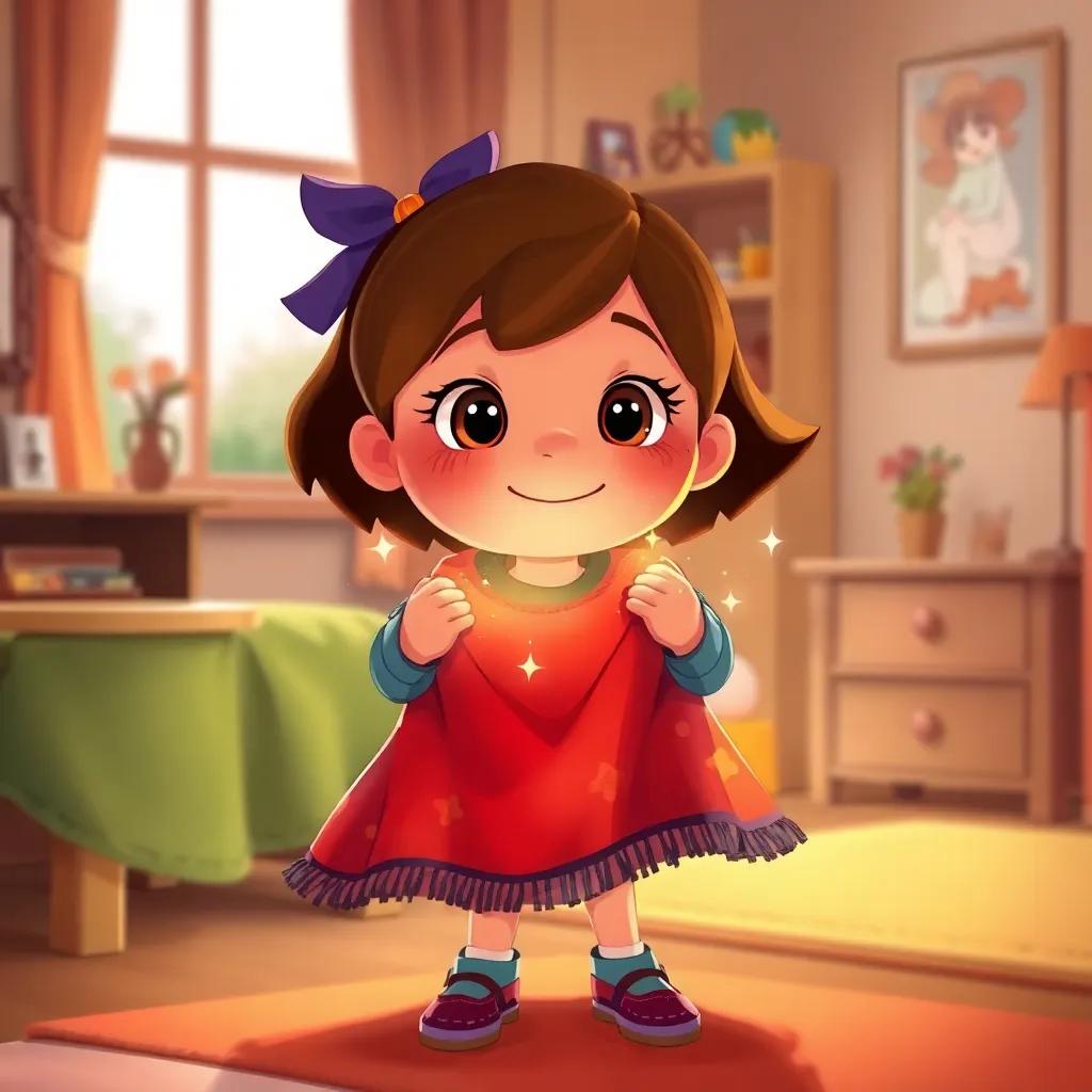 Lucy returning home, the magical blanket in her hands, cozy room, warm colors, children-friendly illustration, inviting atmosphere