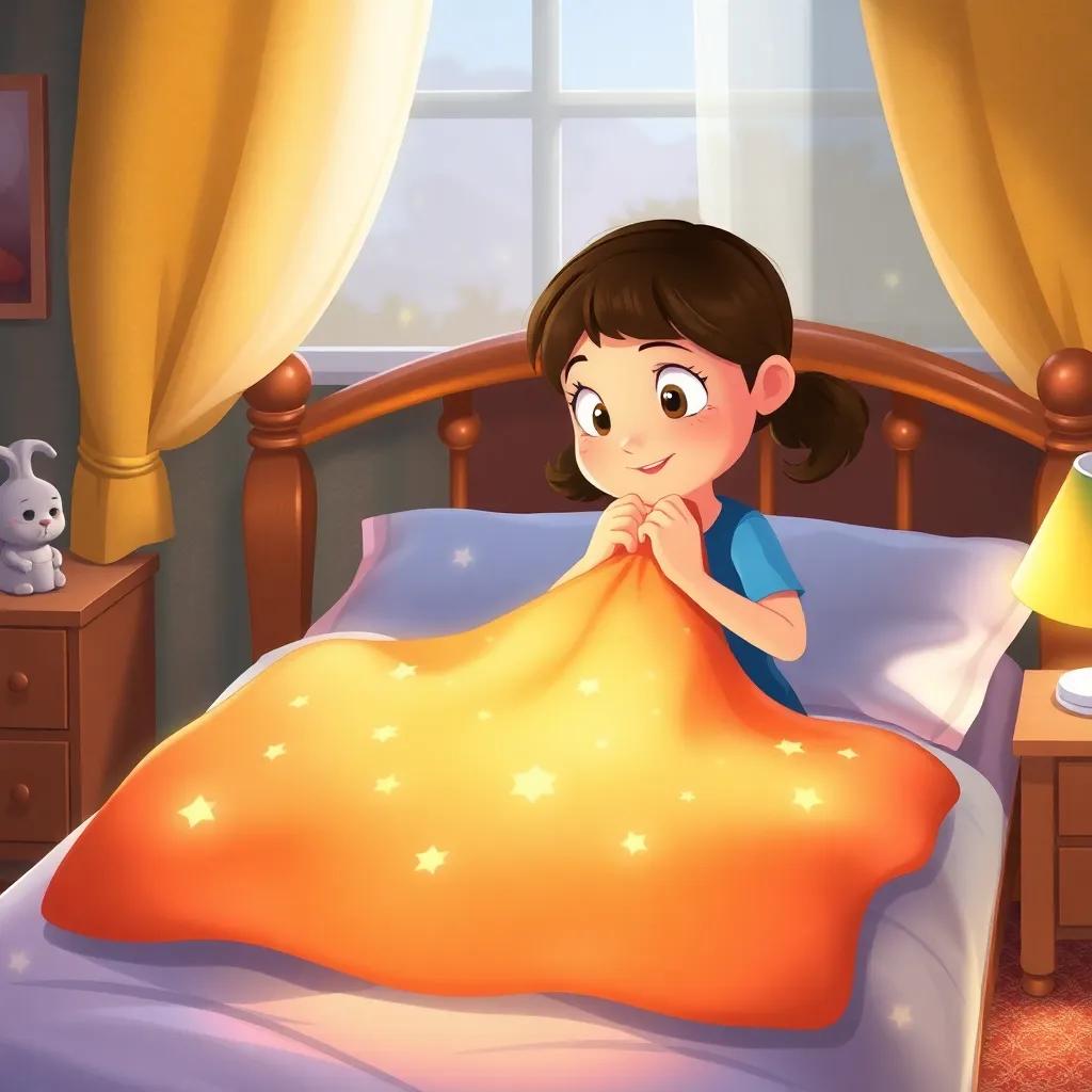 Lucy folding the magical blanket on her bed, a sense of wonder and anticipation for new adventures, warm lighting, inspirational illustration, child-friendly