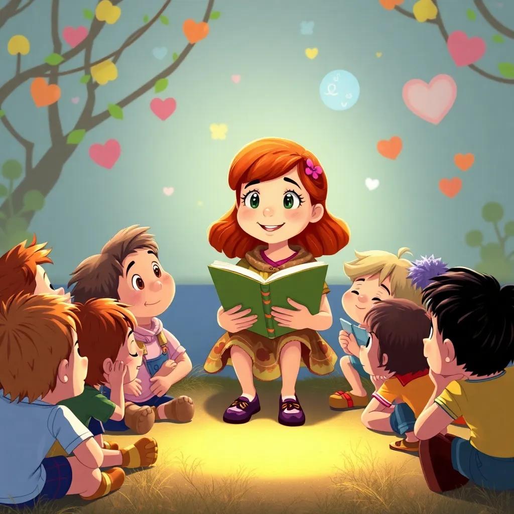 Lucy sharing her adventures with friends, a group of children eagerly listening and imagining stories together, colorful and cheerful setting, heartwarming atmosphere, illustration