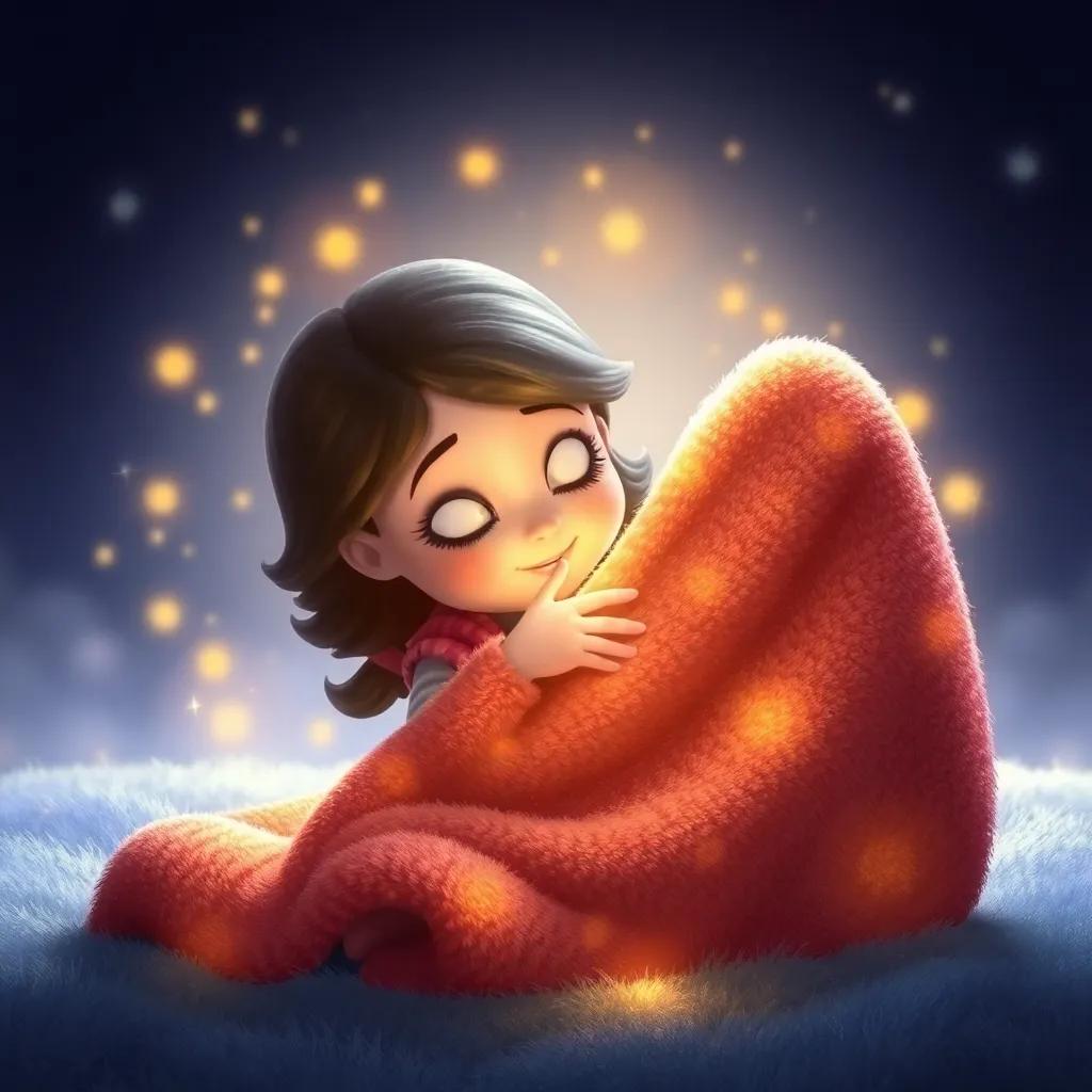 Lucy wrapping herself in the magical blanket, a soft glow surrounding her, knowing the warmth of kindness and laughter awaits in dreams, enchanting scene, digital art