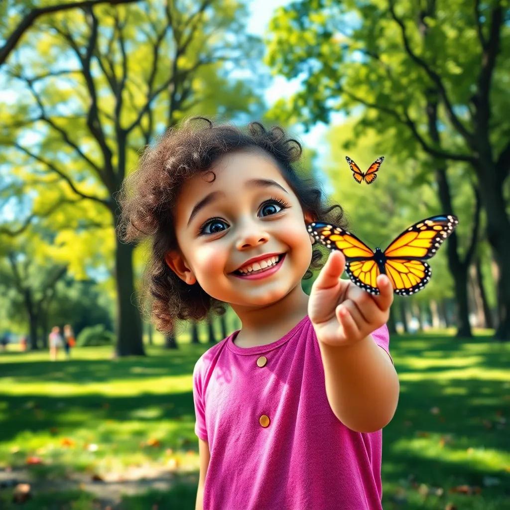 A cheerful young girl, Sarah, with bright eyes and curly hair, playing in a sunny park filled with trees, laughing and pointing at a butterfly, digital art, vibrant colors, joyful atmosphere, high quality