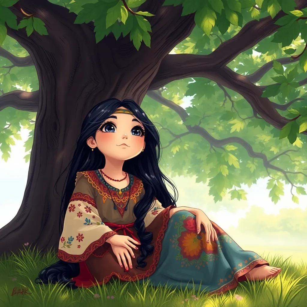 A young Gypsy girl, Mara, with long dark hair and colorful clothes, sitting under a big oak tree, looking up with sparkling eyes, sunshine filtering through leaves, illustration, whimsical, enchanting scene, detailed