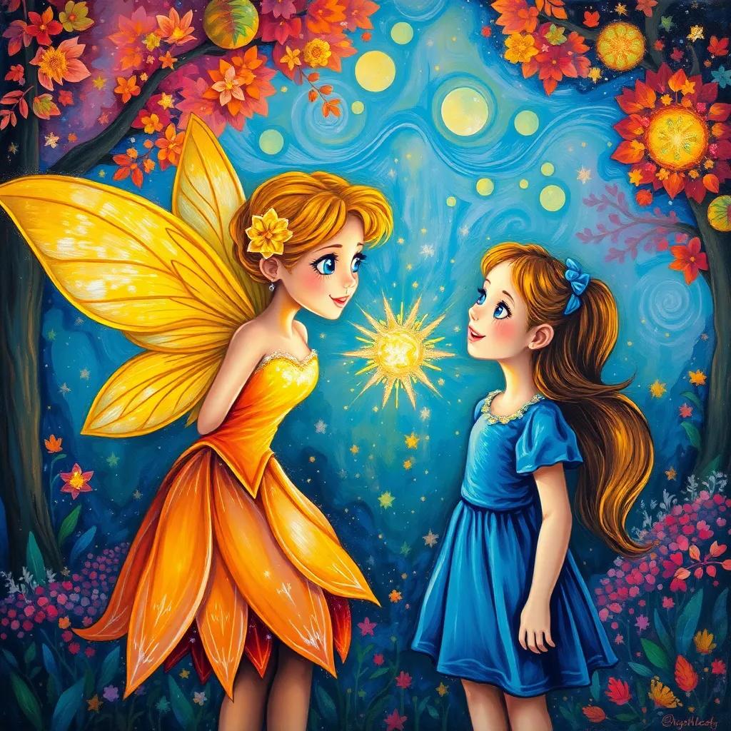 A friendly fairy named Floria, with shimmering golden wings, talking to Lucy, glowing with excitement, colorful magic swirling around them, against a backdrop of vivid enchanted forests and sparkly stars, playful and whimsical