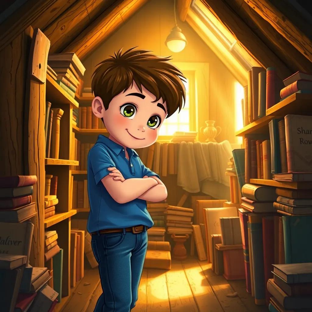 A young boy, Oliver, with bright eyes wearing a blue shirt and jeans, discovering an old dusty bookshelf in an attic filled with strange books, warm light filtering through a window, cozy, inviting atmosphere, detailed illustration, high quality