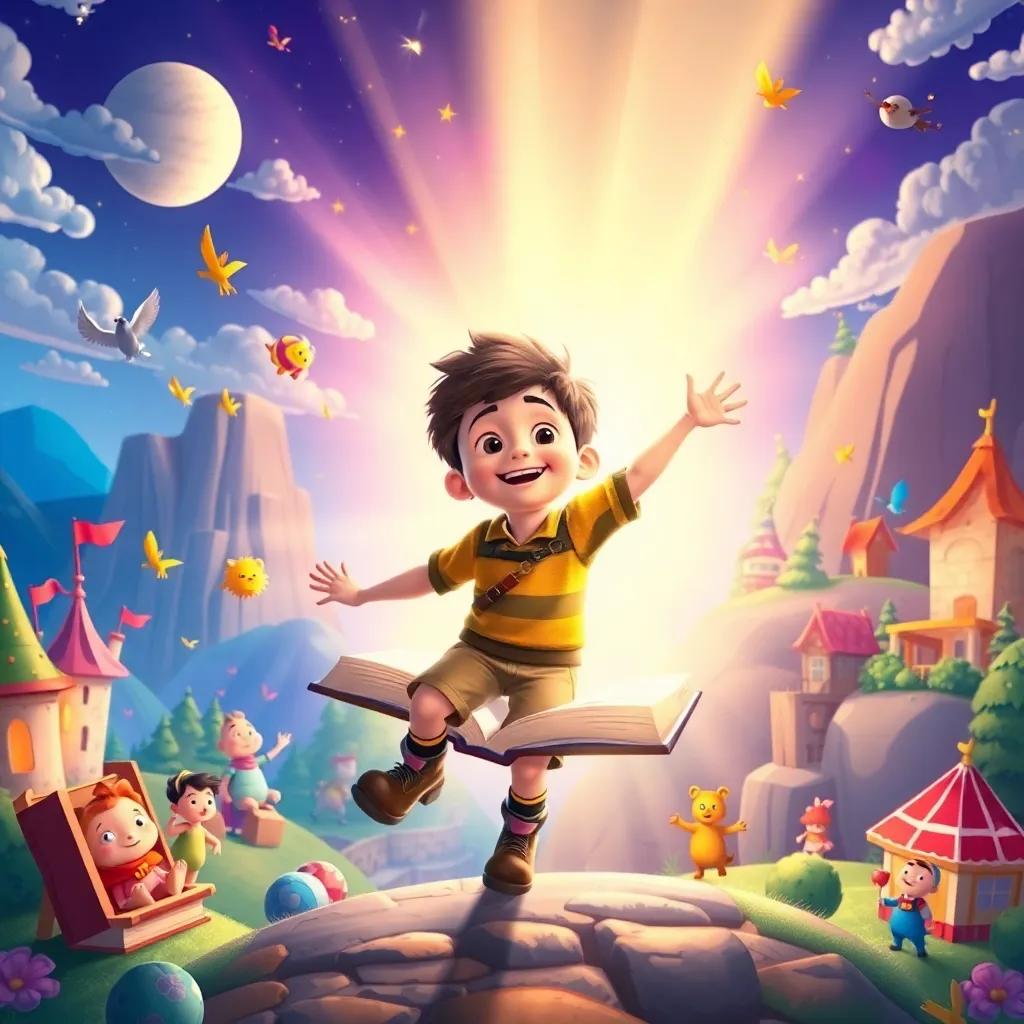Oliver being whisked away into a bright light from the book he opened, surrounded by colorful illustrations of storybook characters and landscapes, bright and vibrant colors, magical and cheerful, high quality