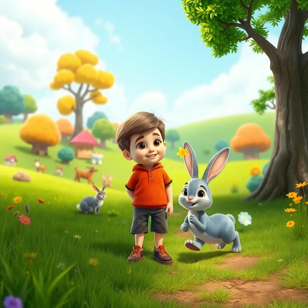 Oliver in a land of talking animals, with a friendly rabbit Benny hopping nearby. The landscape is vibrant with green fields and colorful trees, cheerful and lively ambiance, cartoonish style, high quality