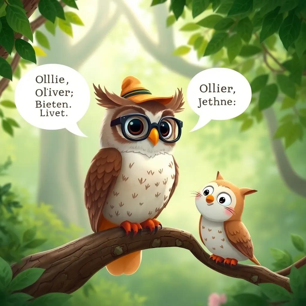 A wise owl named Ollie wearing glasses and a small hat, perched on a branch, speaking rhymes to Oliver and Benny, in a lush green forest, whimsical atmosphere, charming illustration, high quality