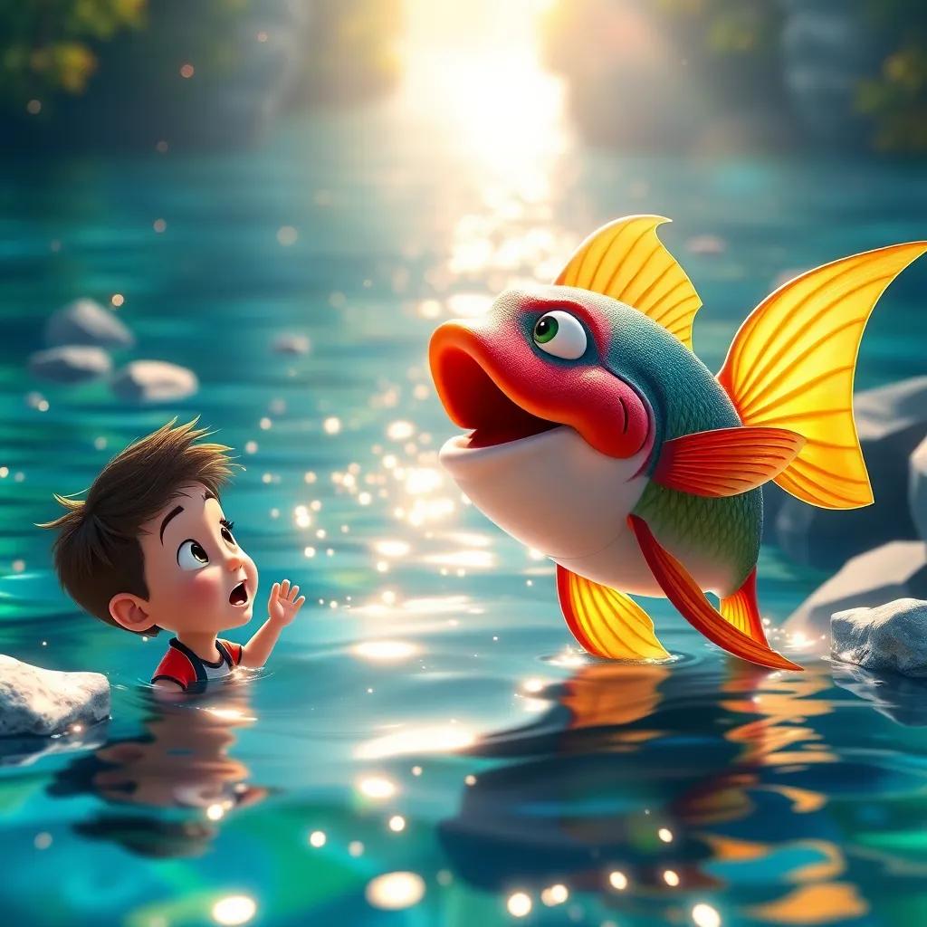 A sparkling river with a beautiful singing fish asking a riddle, with Oliver and Benny looking surprised and excited, sunlight reflecting off the water, enchanting scenery, colorful and bright, high quality