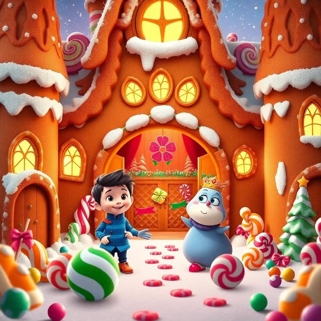 A candy castle with gingerbread walls and sugar windows, Oliver and Benny inside, surrounded by dancing candies and the friendly Candy Queen, festive atmosphere, delightful colors, high quality