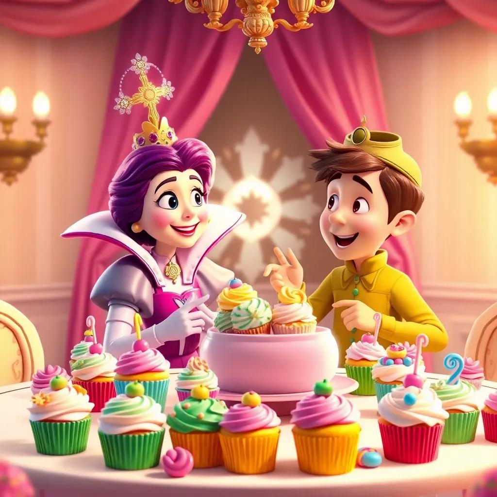 The Candy Queen inviting Oliver and Benny to a tea party, with a table filled with colorful cupcakes and dancing candy delights, cheerful and inviting, warm lighting, bright colors, high quality