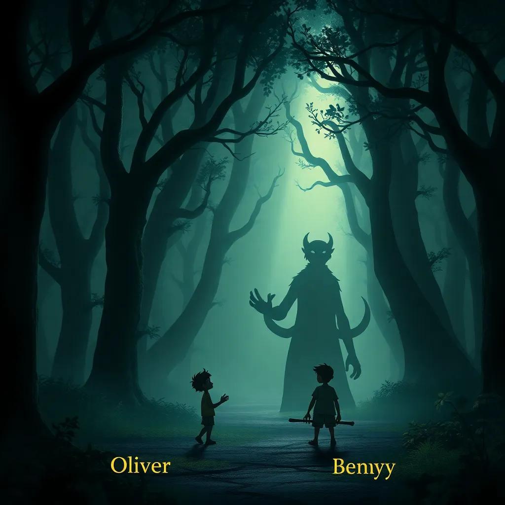 A dark forest with whispering trees and dancing shadows, Oliver, Benny, and a giant made of shadows appearing menacing yet friendly, mysterious atmosphere, fantasy style, high quality