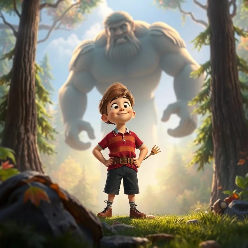 Oliver bravely standing before the giant, confidently stating their intention of joy, surrounded by a magical forest scene, uplifting and adventurous tone, artistic interpretation, high quality