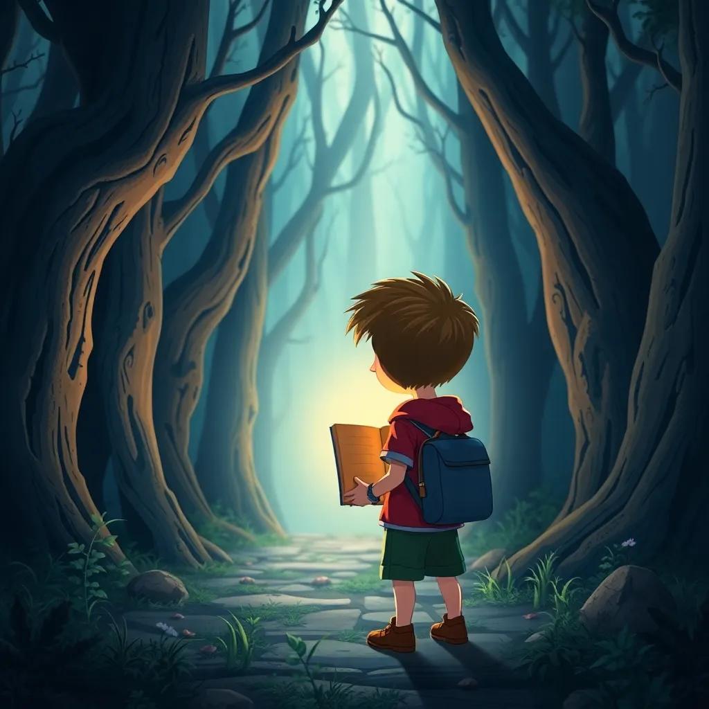 Oliver discovering a glowing book at the exit of the dark forest, filled with anticipation for his next adventure, bright light illuminating the scene, whimsical and exciting atmosphere, detailed illustration, high quality