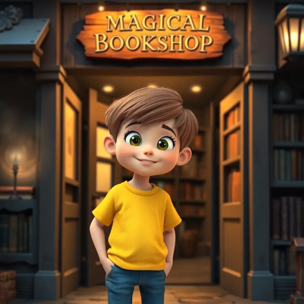 A curious boy named Tom, with short brown hair, wearing a bright yellow t-shirt and jeans, standing at the entrance of a small, dusty bookshop with a wooden sign that reads 'Magical Bookshop', warm light, inviting atmosphere, cheerful, vibrant colors, high quality