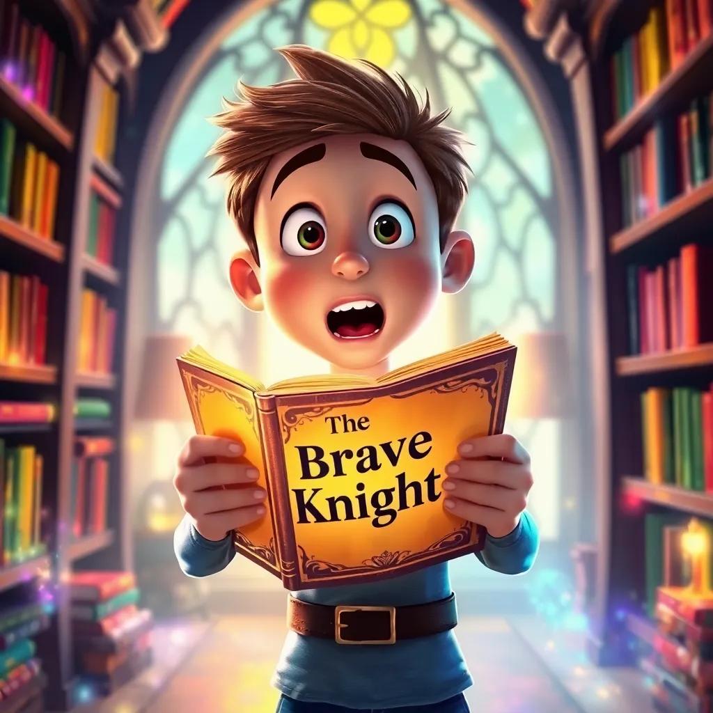 Tom holding a glowing book titled 'The Brave Knight', looking surprised and excited, surrounded by colorful bookshelves, with the room swirling with magical colors, magical atmosphere, lively and enchanting, high quality
