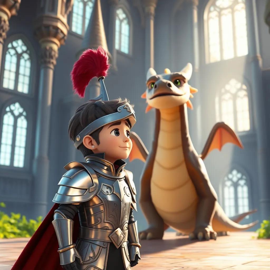 Tom, dressed as a shiny knight in armor, standing in a grand castle with tall towers, facing a friendly dragon that looks sad, sunlight streaming through large windows, vibrant fantasy scene, uplifting, detailed