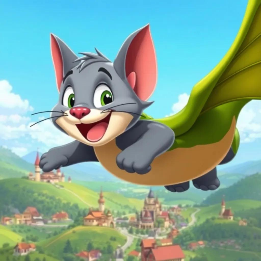 Tom and the friendly dragon flying over a beautiful kingdom with green hills and colorful villages, both smiling happily while sharing adventures, dynamic and joyful scene, bright blue sky, colorful art, child-friendly illustration