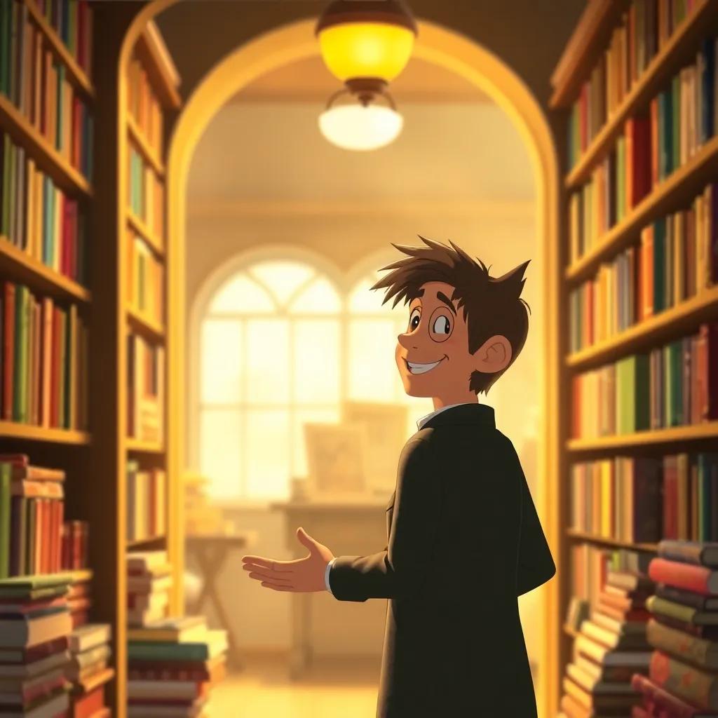 Tom returning to the bookshop, filled with joy, talking to Mr. Whitley, who is smiling knowingly, surrounded by shelves of colorful books, warm light, heartwarming atmosphere, engaging and inviting, high quality