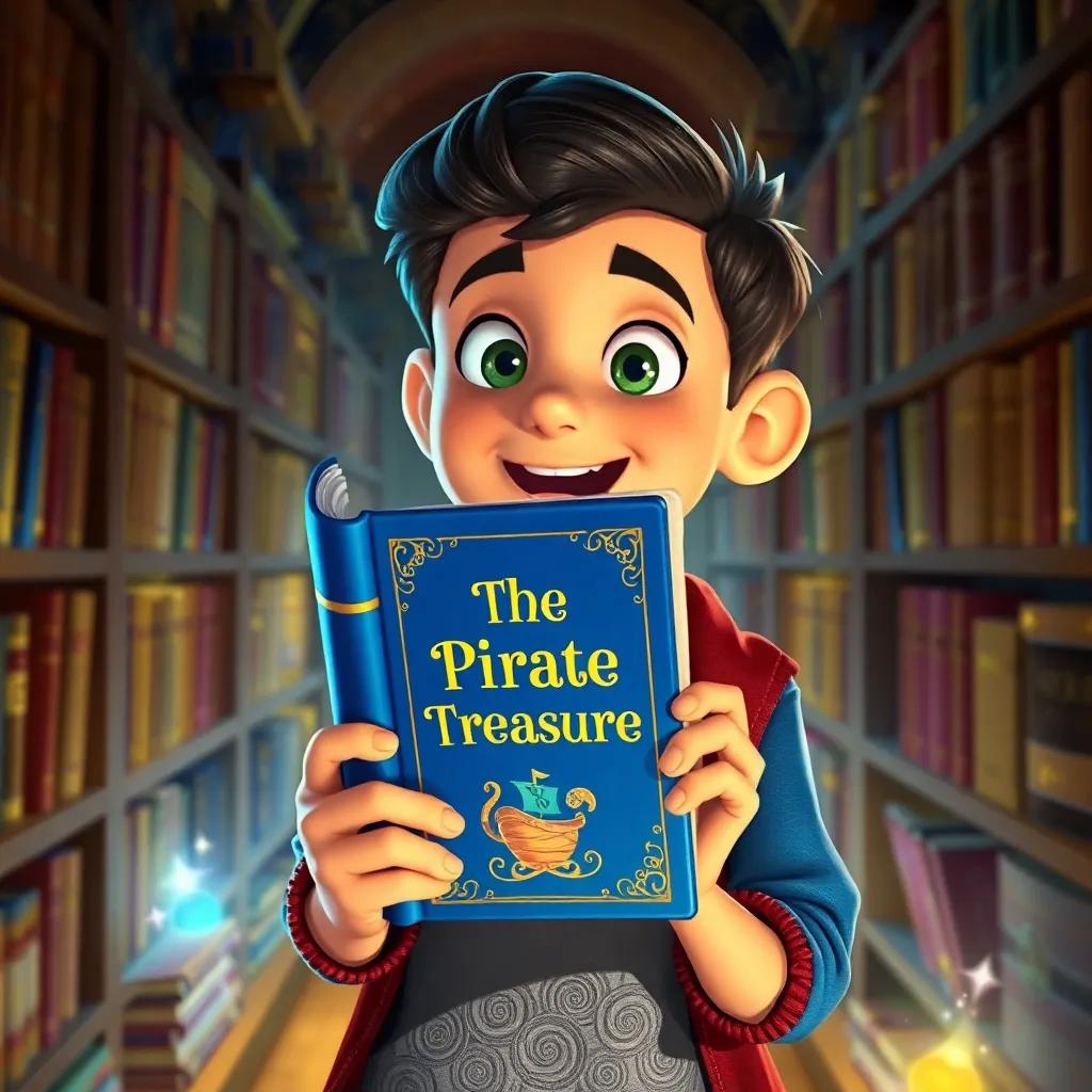 Tom holding a blue book titled 'The Pirate's Treasure', looking excited, surrounded by rows of books with magical glow, warm lighting, colorful, inviting atmosphere, detailed and whimsical art
