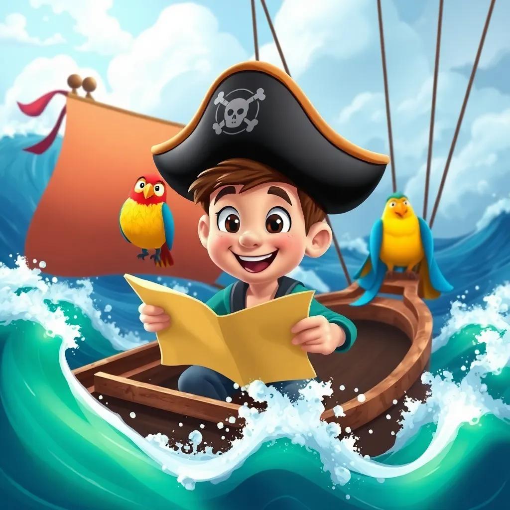 Tom on a pirate ship wearing a pirate hat, sailing through wild seas with waves and storms, holding a map, with a clever parrot named Polly on his shoulder, dynamic and adventurous scene, bright colors, child-friendly, illustration, high quality