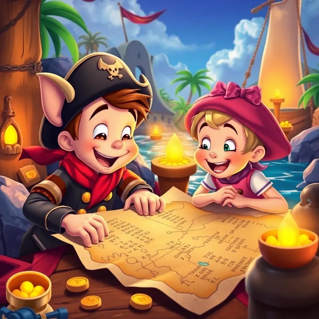 Tom and Polly solving riddles on a treasure map, surrounded by vibrant pirate scenery with hidden gold, sharing laughter and friendship, colorful, bright, engaging scene, detailed art, adventure-themed