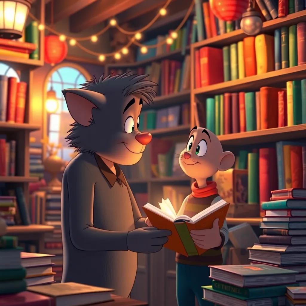 A heartfelt moment as Tom thanks Mr. Whitley, the shop filled with colorful books and warm light, depicting a magical atmosphere, background filled with enchanted books, heartwarming and inspiring scene, child-friendly, high quality