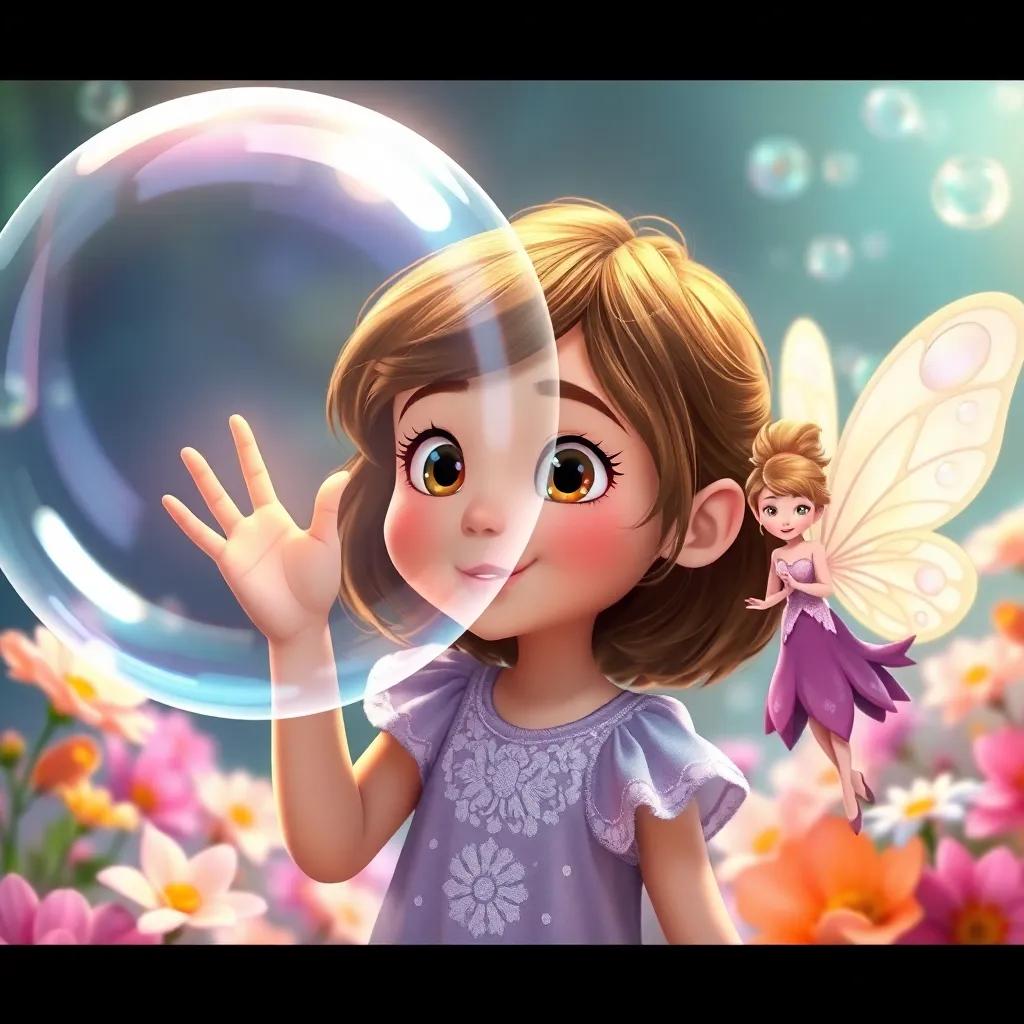 Lucy, a curious girl with bright eyes and brown hair, touching a large shimmering bubble, with a friendly fairy named Bella in a flower petal dress beside her, surrounded by colorful flowers and bubbles, magical setting, inviting light