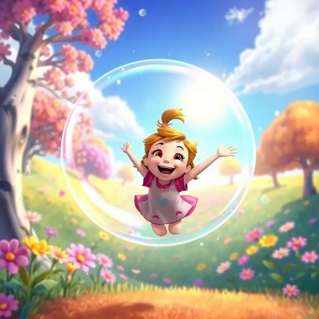Lucy, excited and smiling, jumping into a sparkling bubble, with the background changing into a colorful Land of Giggles with trees giggling and dancing flowers, bright and cheerful colors, enchanting scene