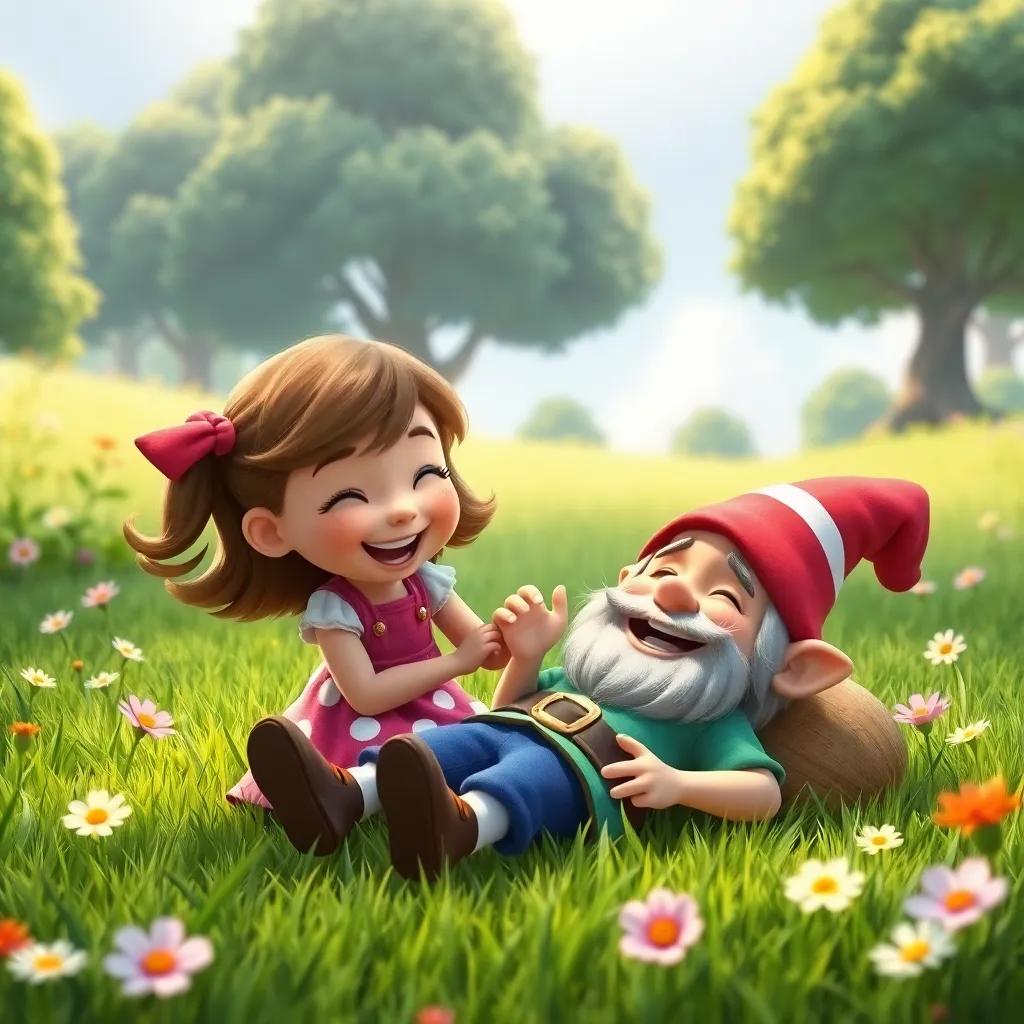 Lucy playing with a jolly gnome named Jax, laughing and rolling on the grass in the Land of Giggles, surrounded by trees and flowers, idyllic and fun atmosphere, colorful and joyful