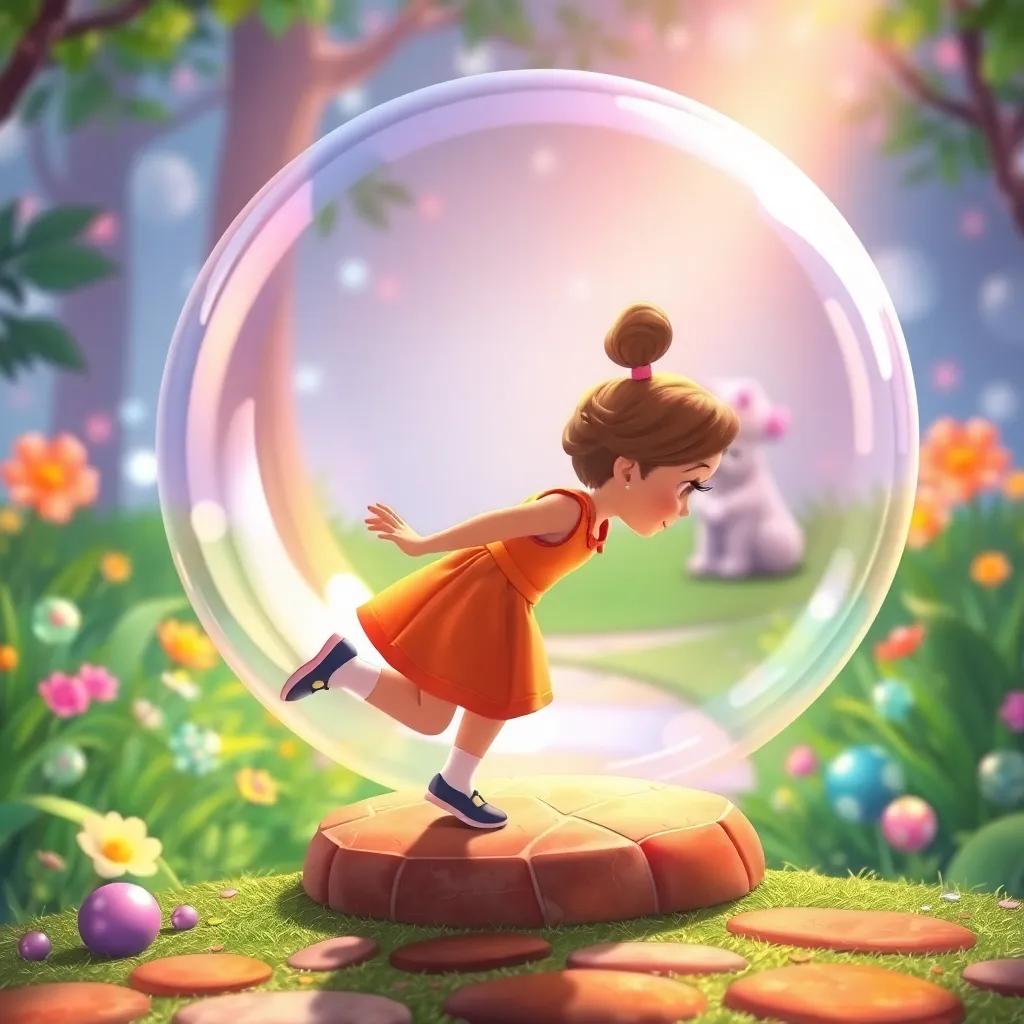 Lucy hopping back into a shimmering bubble, the background transitioning back to the magical bubble garden with Bella waiting, warm light and cheerful colors, whimsical and inviting