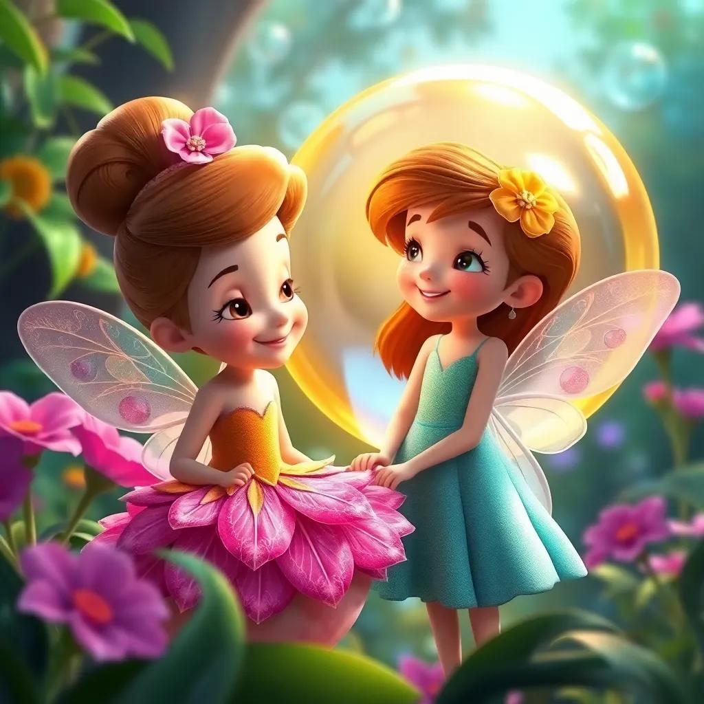 Bella, a friendly fairy in a flower petal dress, smiling at Lucy in the Magical Bubble Garden, with a golden bubble shining brightly behind them, enchanting and vibrant scene, cheerful atmosphere