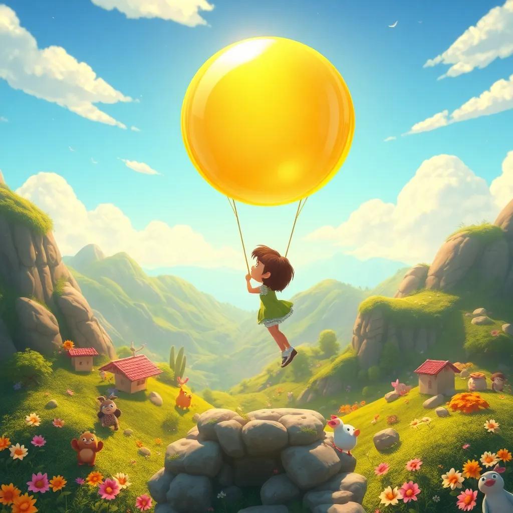 Lucy inside a golden bubble, lifted high into the Valley of Dreams filled with friendly creatures and magical scenery, dreamy and cheerful landscape, bright colors and joyful