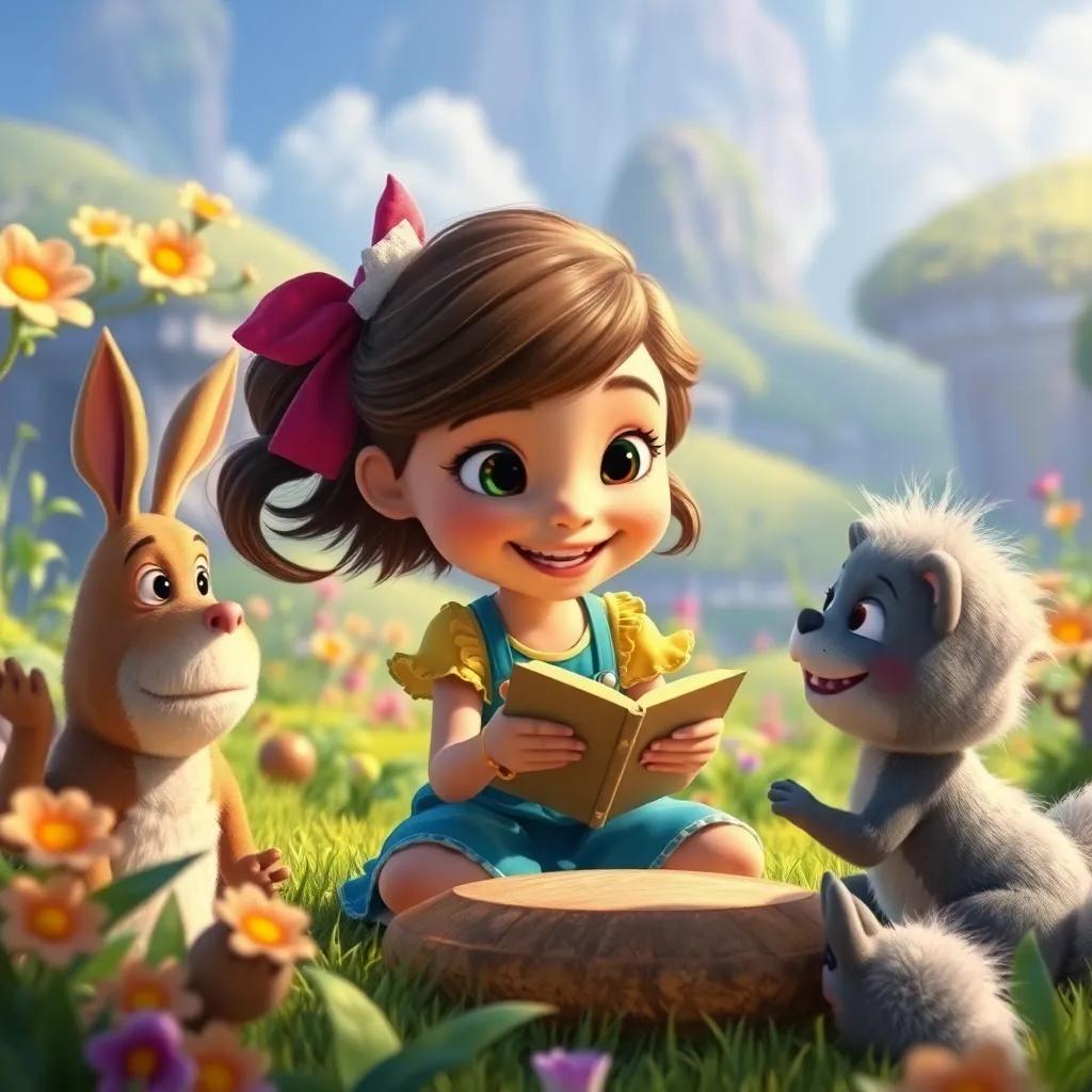 Lucy playing games with friendly creatures in the Valley of Dreams, sharing stories and laughter, vibrant flora and playful atmosphere, bright and inviting