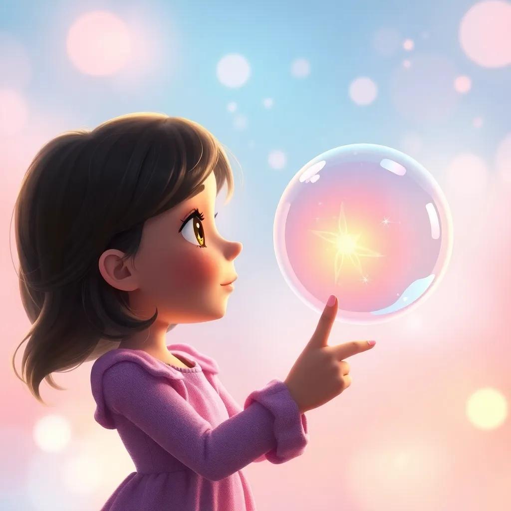 Lucy tracing her finger on a dreamy bubble sparkling like a sunrise, surrounded by soft colors and gentle light, a magical feeling in the air, whimsical and uplifting scene