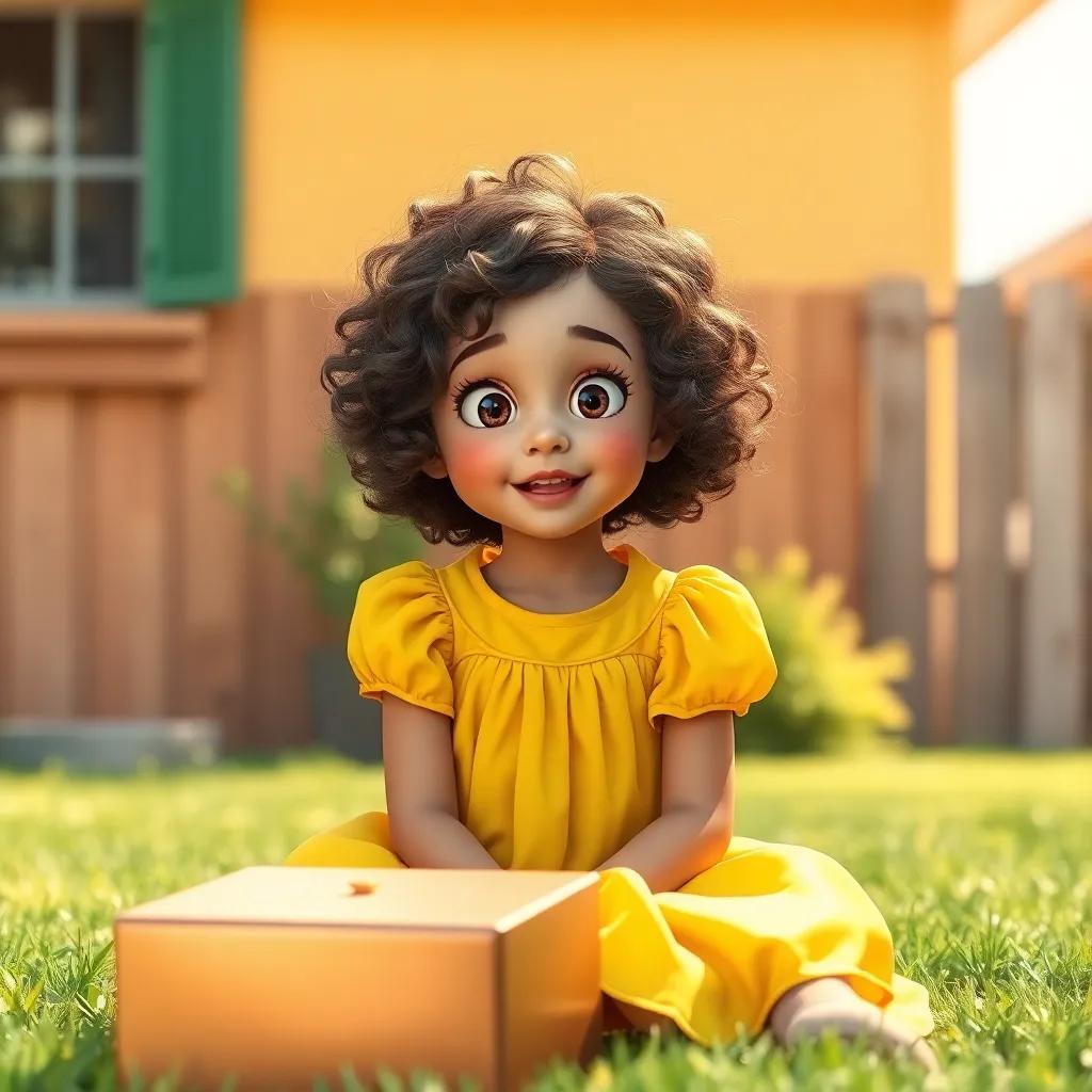 A young girl, Mia, with short, curly brown hair wearing a cute yellow dress, sitting in her sunny yard with a shiny box next to her, looking surprised and happy, digital art, warm colors, cheerful atmosphere, high quality