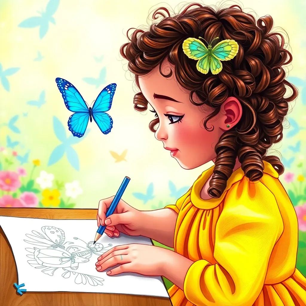 Mia, a young girl with curly brown hair in a yellow dress, drawing with a blue pencil, as a magical blue butterfly flies out of her drawing, bright colors, whimsical view, detailed art, enchanting scene, vibrant, playful perspective
