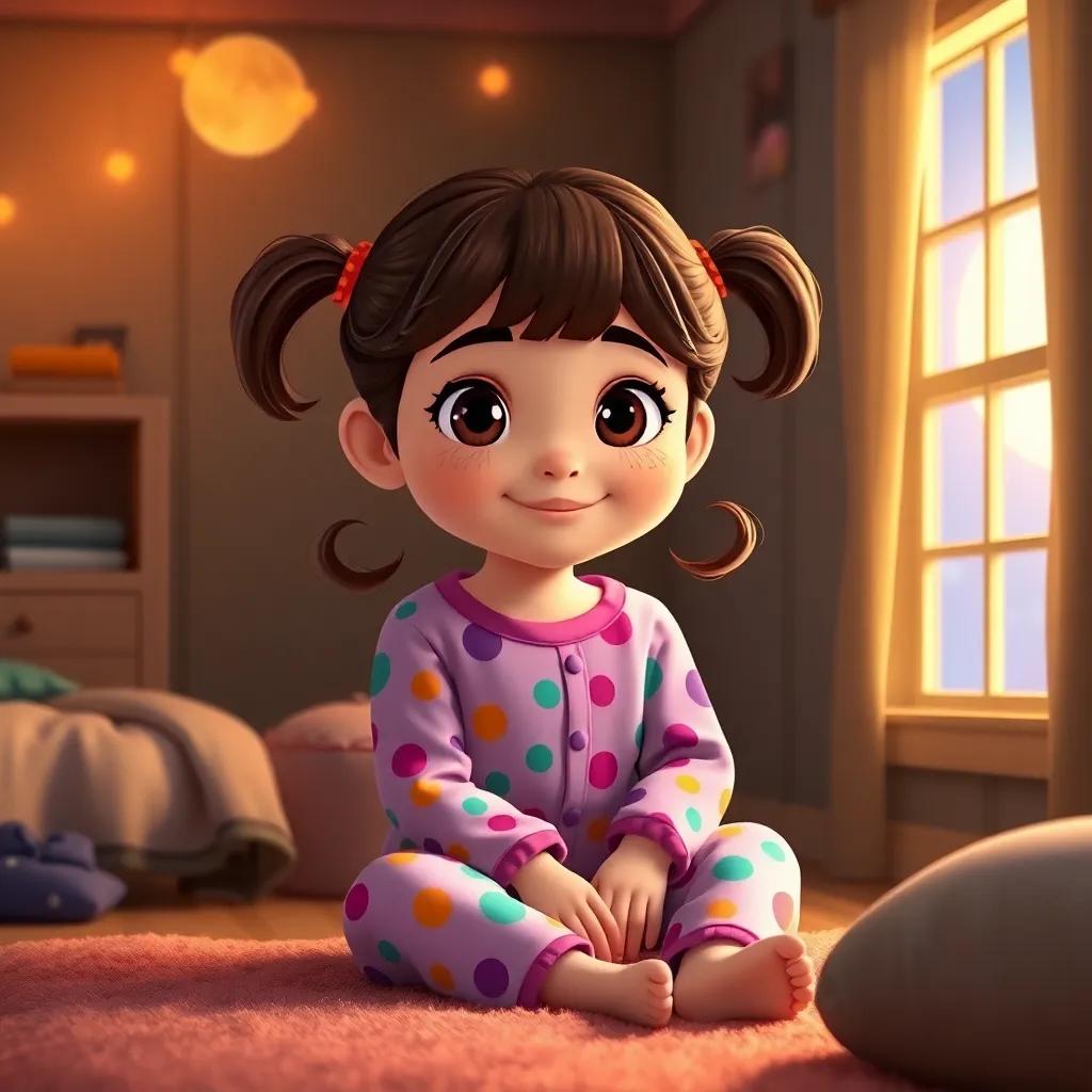 A little girl, Mia, with brown hair in pigtails wearing colorful pajamas, sitting in her cozy bedroom with soft glowing moonlight shining through the window, digital art, warm colors, inviting atmosphere, high quality