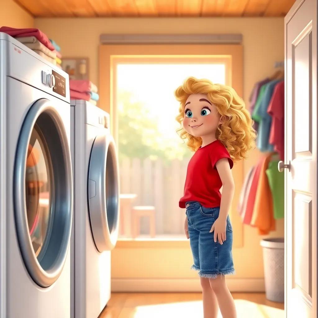 A young girl, Ella, with curly blonde hair, wearing a bright red t-shirt and denim shorts, watching a dryer happily from a cozy laundry room filled with sunlight and colorful clothes, friendly atmosphere, cheerful vibe, digital art, vibrant colors, warm lighting, high quality